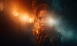 a close - up of a woman in a dark scene with a light coming out