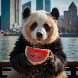 there is a very cute bear that is holding a slice of watermelon