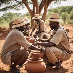 two men sitting in front of a clay pot