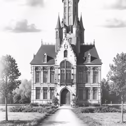 a large building sitting on top of a lush green field
