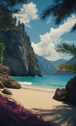 a view of some beach and water with trees