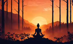 the sun is setting in a hazy forest,a woman meditates on top of a hill at sunset
