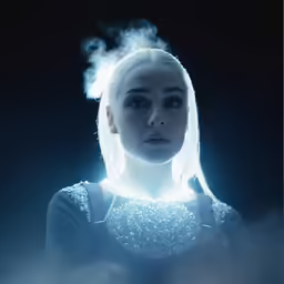 the woman has white hair and blue eyes