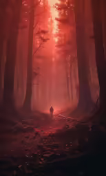 the image of a man walking in the middle of a forest