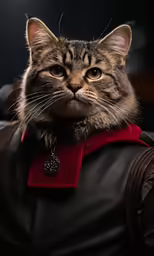 a brown and black cat sitting on top of a chair