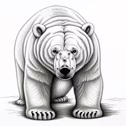 a black and white bear is standing next to some grass,a black and white drawing of a polar bear