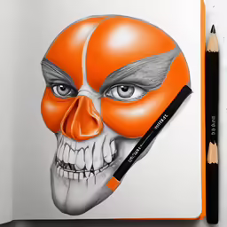 the orange face is made up in a pencil drawing style