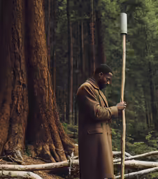 a man in a coat holds a tree as he stands next to a large pole