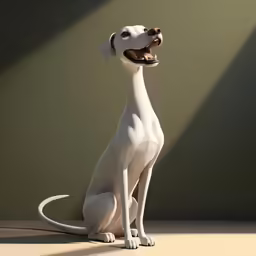 a cartoon white dog sitting on a beige floor