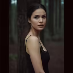 a woman in the woods wearing a lace top
