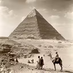 antique black and white photograph of three men riding camels in front of the pyramid,a couple of people riding on top of a horse