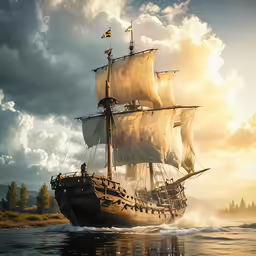a large boat sailing across a lake under a cloudy sky
