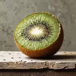 an orange slice with a kiwi cut in half