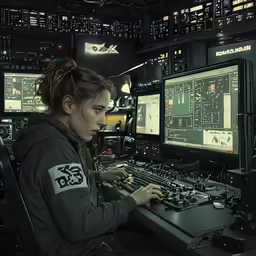 a girl at a desk using a computer surrounded by many monitors