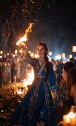 a woman dressed in a medieval dress standing by some fire