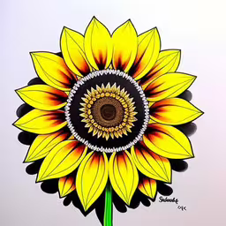 a drawing of a large yellow sunflower,a drawing of a yellow flower with black petals