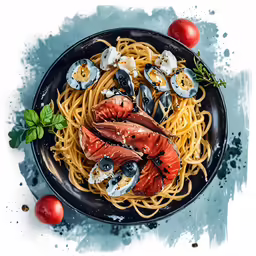 an oil painting of some pasta with different foods