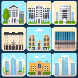 nine different types of buildings on a blue background,an illustrated set of some big buildings