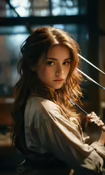 a young woman in a costume holding two swords