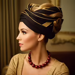 a woman wearing an elegant black and gold scarf