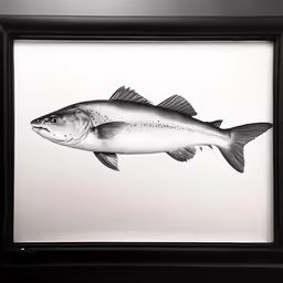 a fish with a black frame on a wall