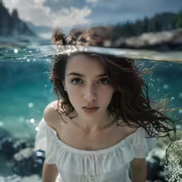 a young lady in a white top with water and a mountain in the background