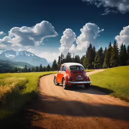 an old red car parked on a dirt road