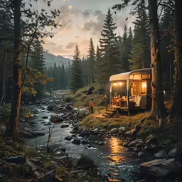 a painting of a person cooking near the river