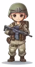 a little boy in camouflage with a gun and helmet