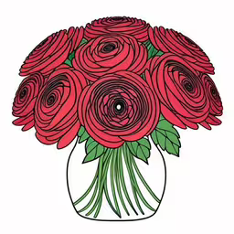 a vase filled with lots of red roses,a drawing of a vase with roses in it,some red flowers are in a clear vase,this drawing shows a vase full of red flowers,a vase of roses is shown with only the flowers in it