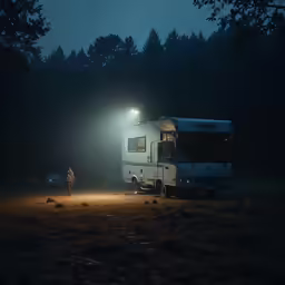 a bus sitting in the dark with the headlights on