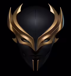 a black and gold mask is displayed against a black background