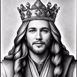 a drawing of a man with long hair wearing a crown