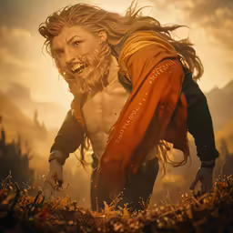 a bearded guy walking through a field with his hair blowing in the wind