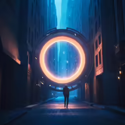a person standing in the middle of a tunnel with an illuminated circle at the end