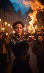 the woman is holding up the torches on the street