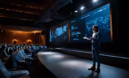 a man standing in front of a auditorium filled with people