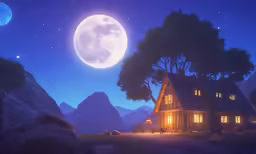 some houses in the dark with lights shining on them