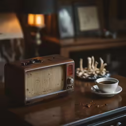 a microwave is next to a cup of coffee