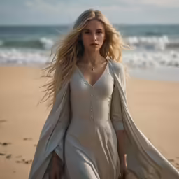 blonde woman on beach walking away from water