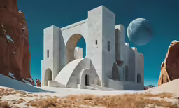an artistic, unique rendering of a church against a background of mountains