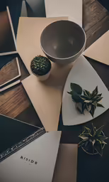 there is some white papers, and a bowl on the table