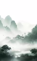 a foggy mountain landscape with trees, houses and a stream