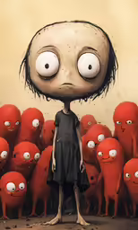 the woman is standing in front of red toy monsters