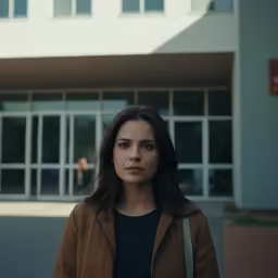 a woman with long hair stands outside of a building