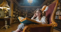 a woman reading in an old fashioned library