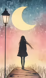 a woman walks across a pier under a half - moon