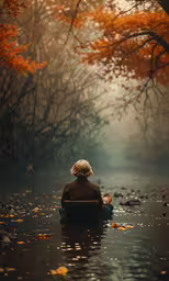 a man is sitting in a boat on the water and has fallen leaves in the foreground