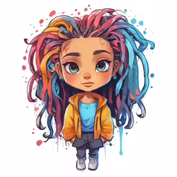 a girl with red and blue hair standing in front of her head