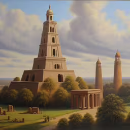 painting showing a view of two towers, in the background with grass,a painting of a church with two towers